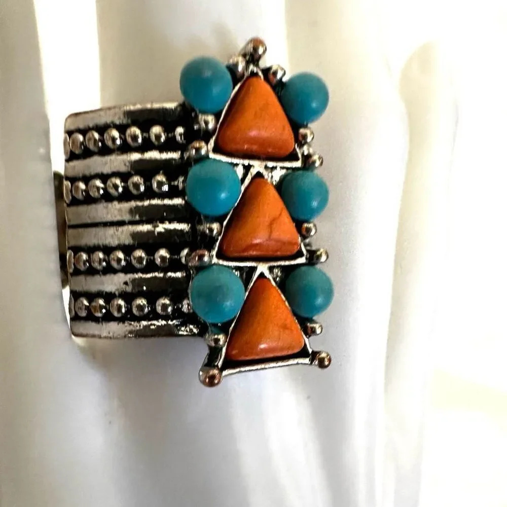 Blue and orange silver tone stretchy ring